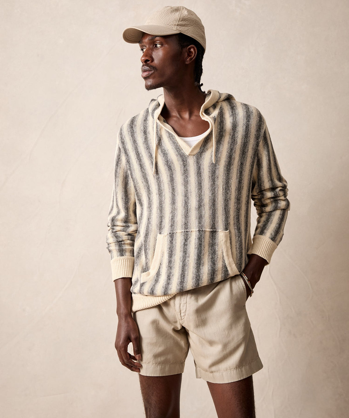 Todd Snyder Linen-Cotton Stripe Popover Hoodie - Silver Mist