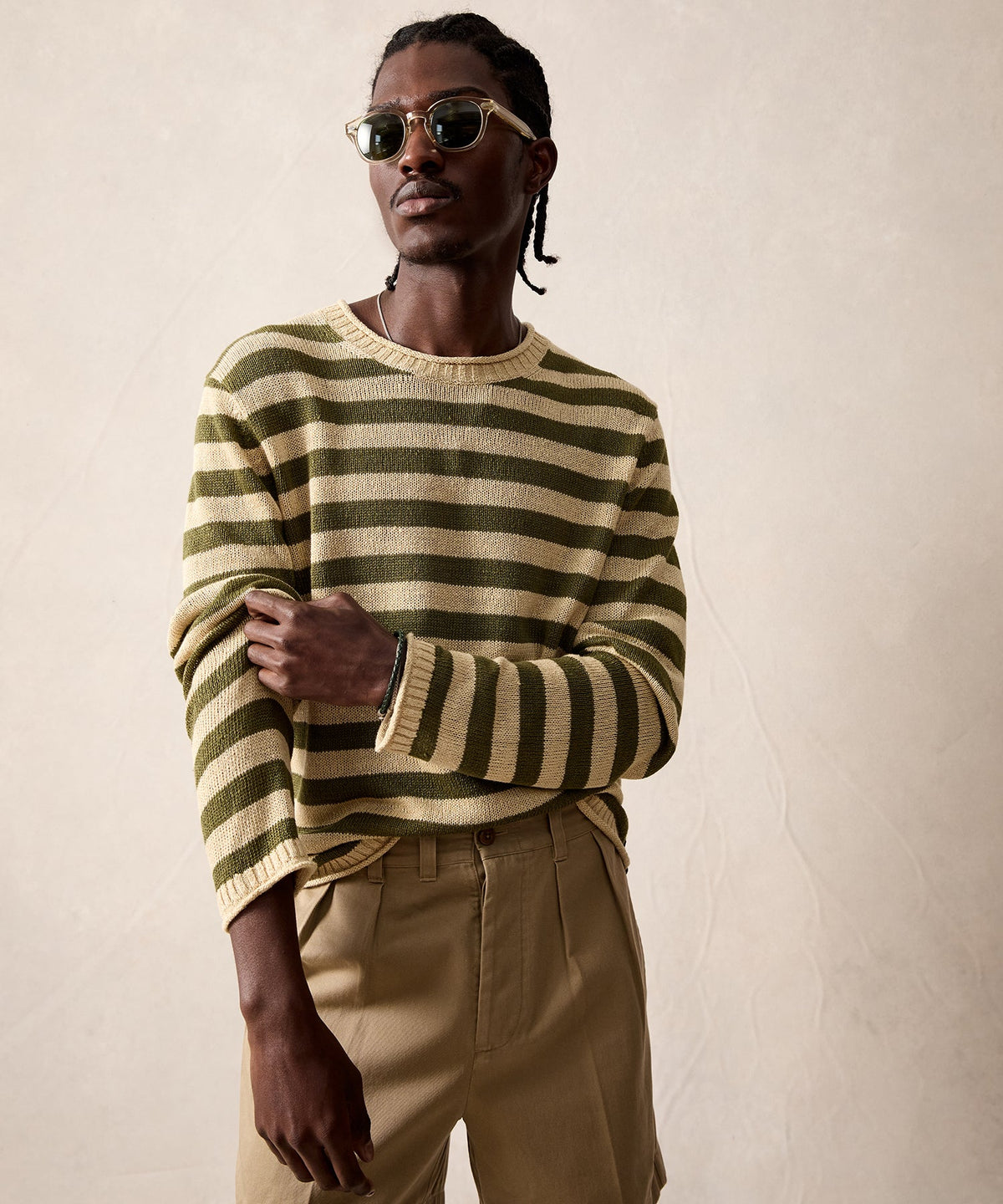 Todd Snyder Linen Striped Crewneck - Olive