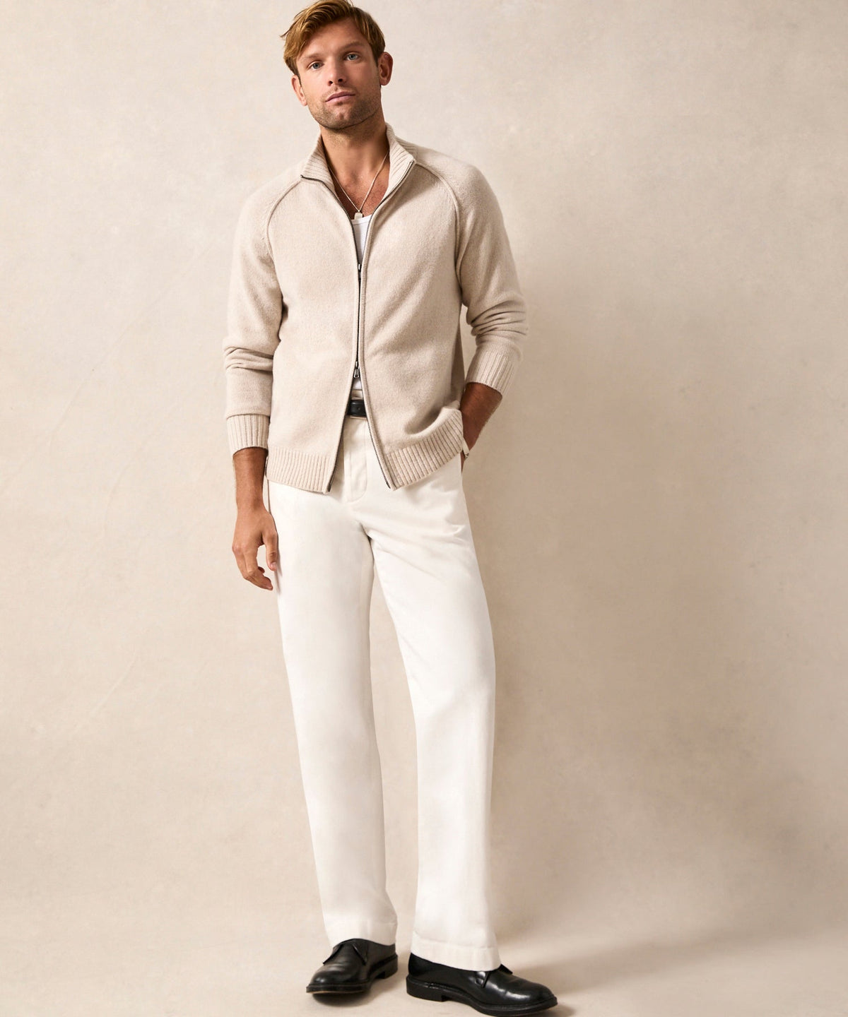 Todd Snyder Nomad Cashmere Full-Zip Sweater - Bisque