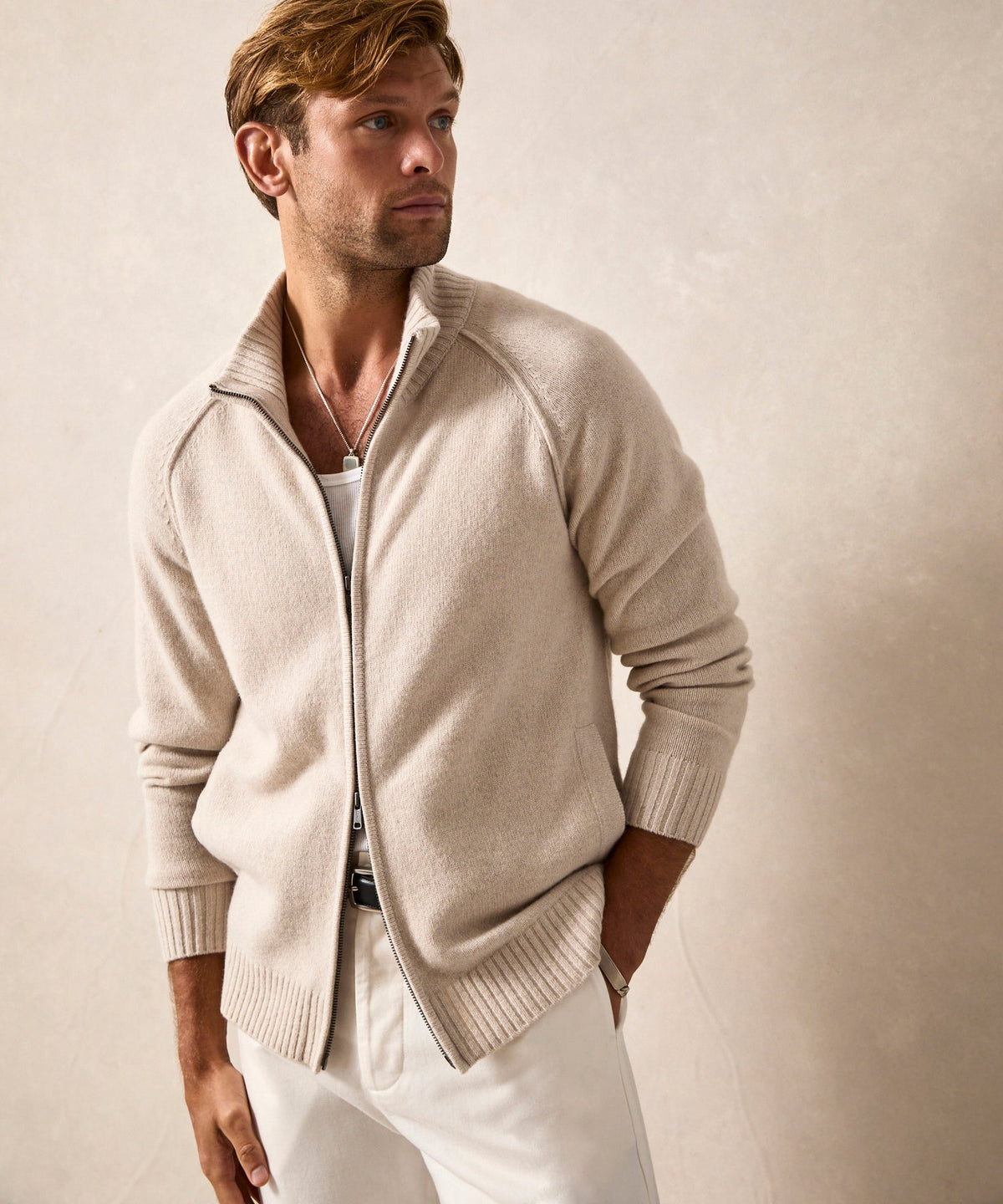 Todd Snyder Nomad Cashmere Full-Zip Sweater - Bisque