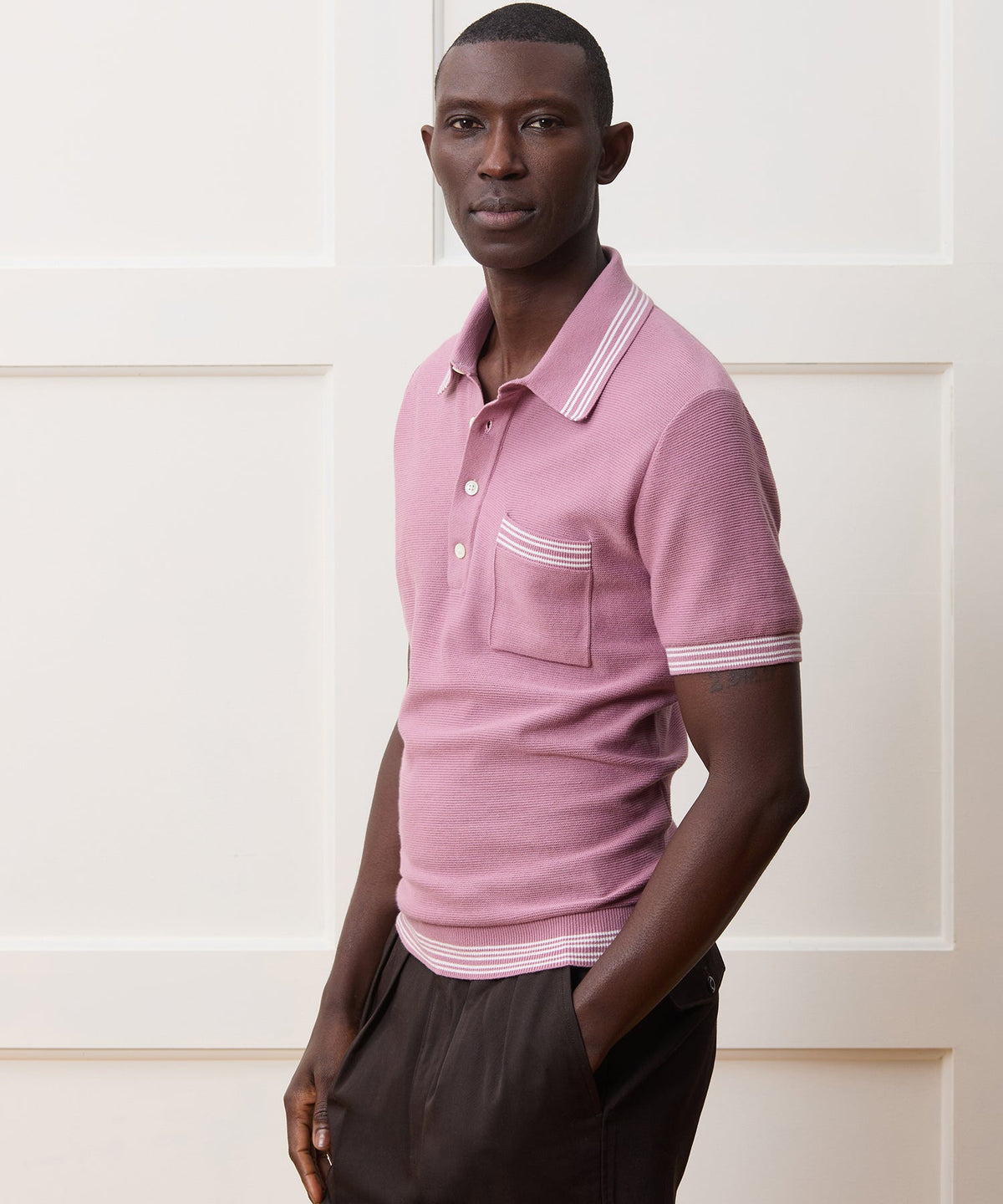 Todd Snyder Tipped Waffle Sweater Polo - Rose Quartz