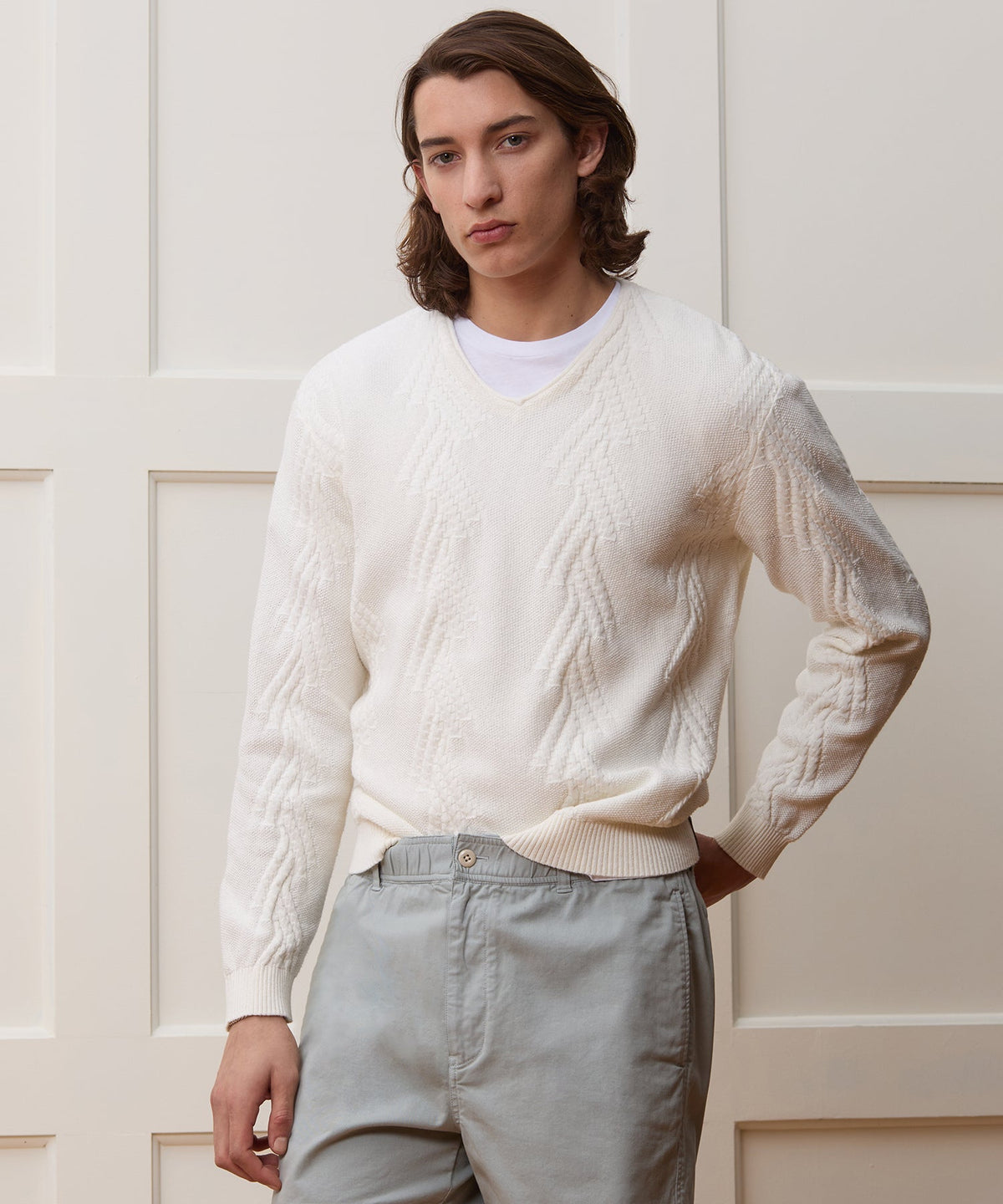 Todd Snyder Cotton V-Neck Fisherman Sweater - New White