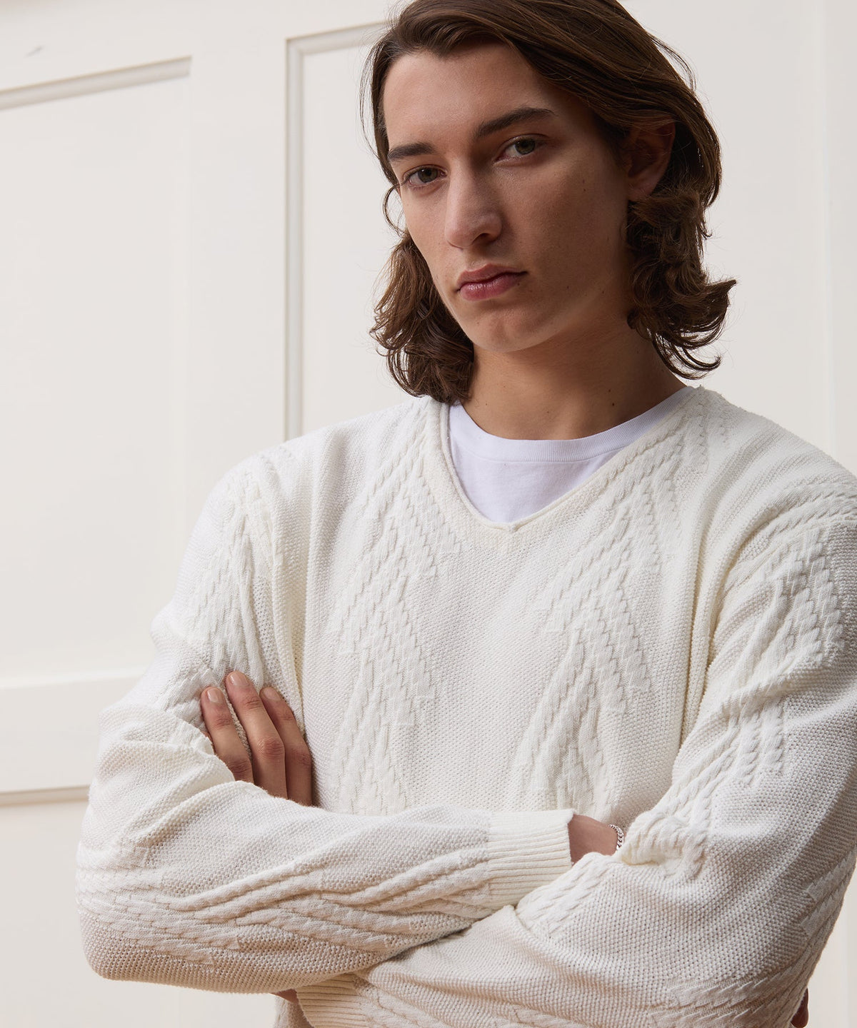 Todd Snyder Cotton V-Neck Fisherman Sweater - New White