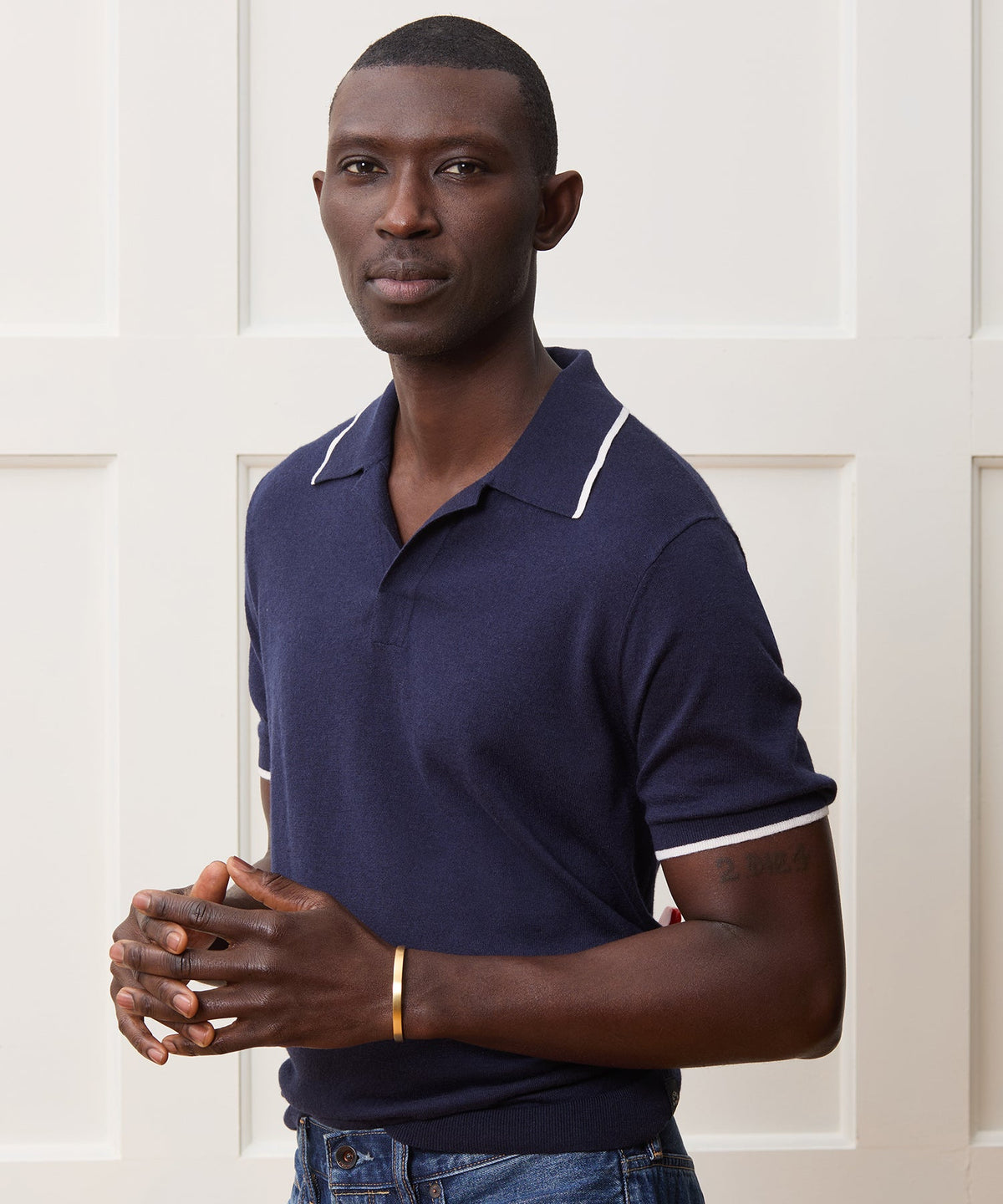 Todd Snyder Silk-Cashmere Tipped Montauk Sweater Polo - Navy