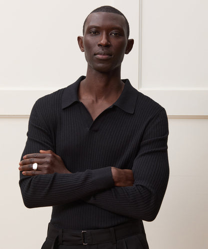 Todd Snyder Silk-Cashmere Ribbed Montauk Sweater Polo - Black
