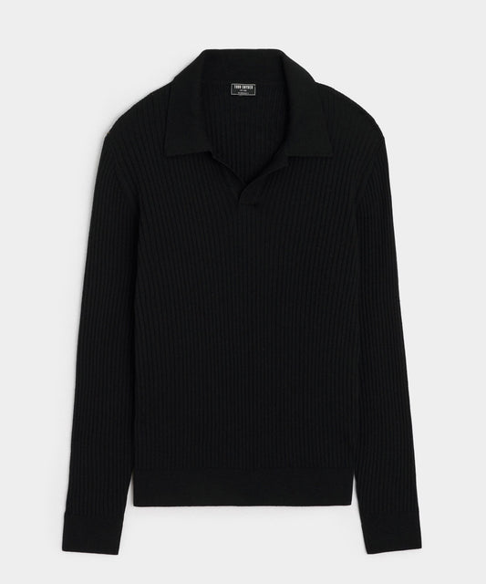 Todd Snyder Silk-Cashmere Ribbed Montauk Sweater Polo - Black