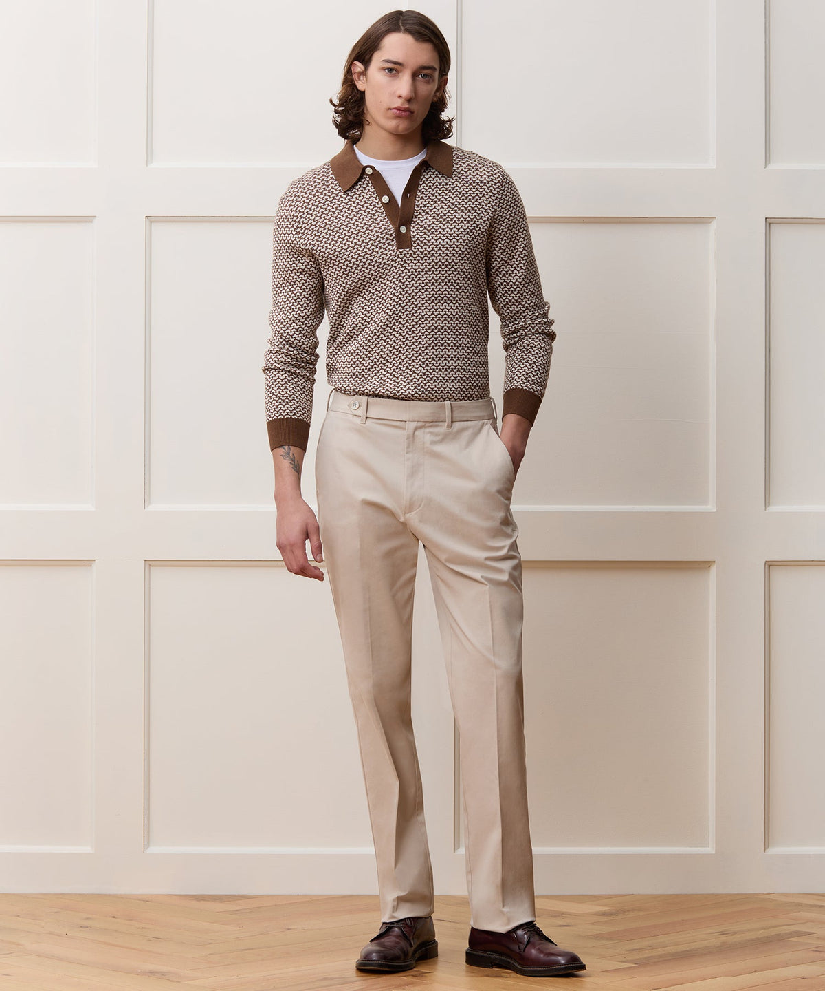 Todd Snyder Silk-Cotton Geo Sweater Polo - Saddle Brown