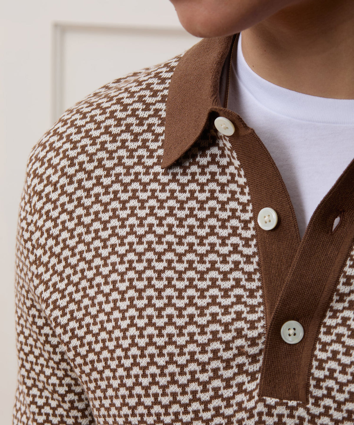 Todd Snyder Silk-Cotton Geo Sweater Polo - Saddle Brown