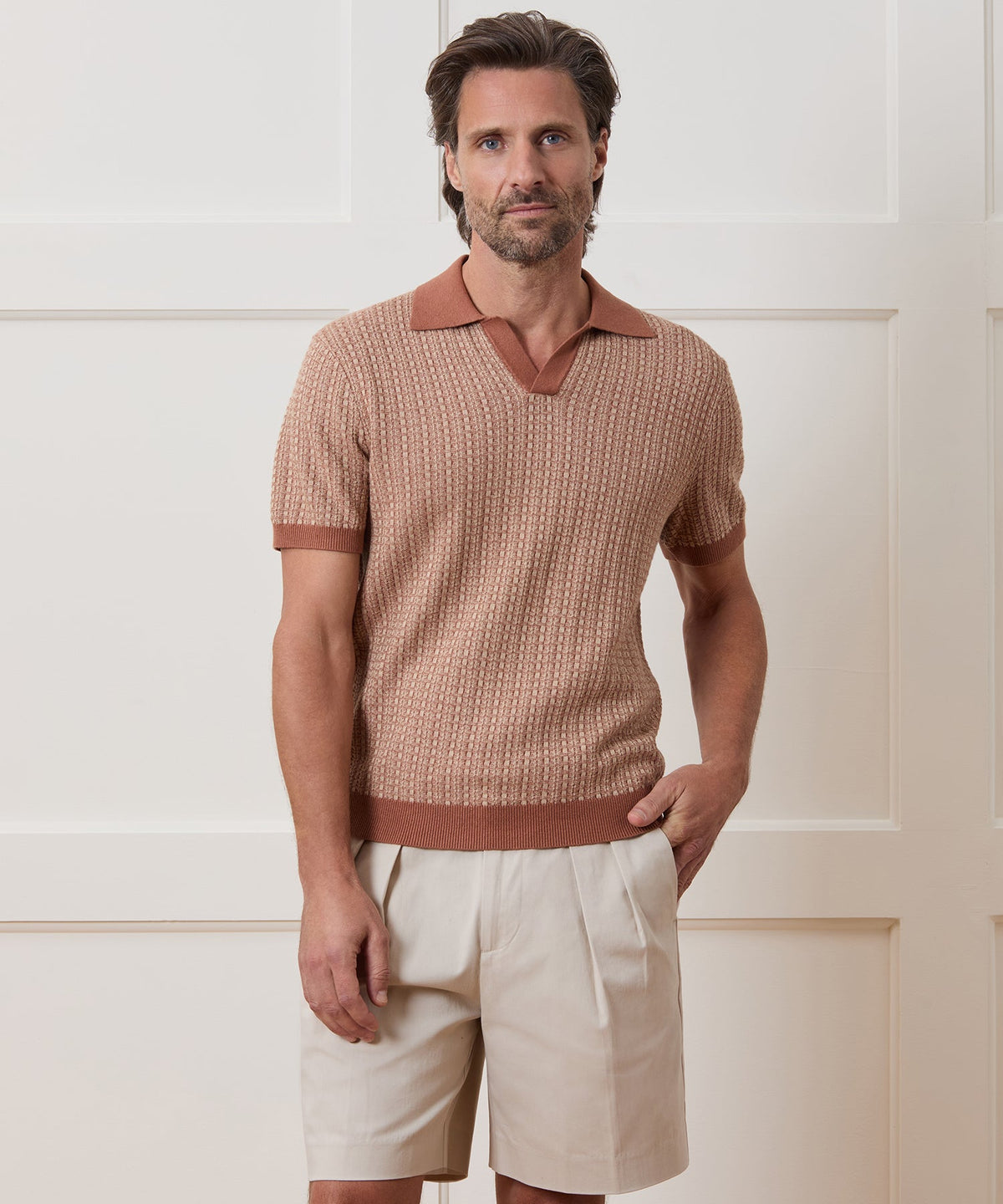 Todd Snyder Linen Geometric Montauk Sweater Polo - Baja Dunes