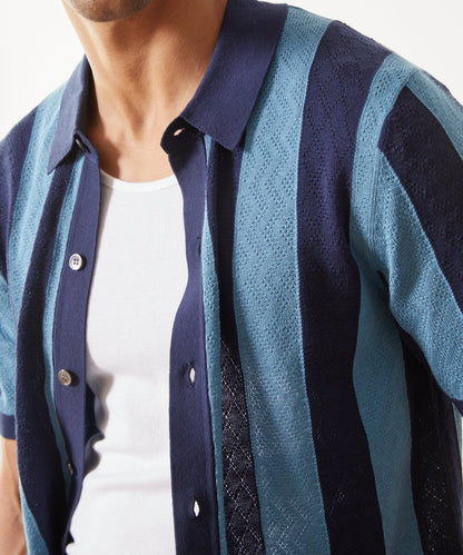 Todd Snyder Silk-Cotton Striped Full-Placket Sweater Polo - Sail Blue