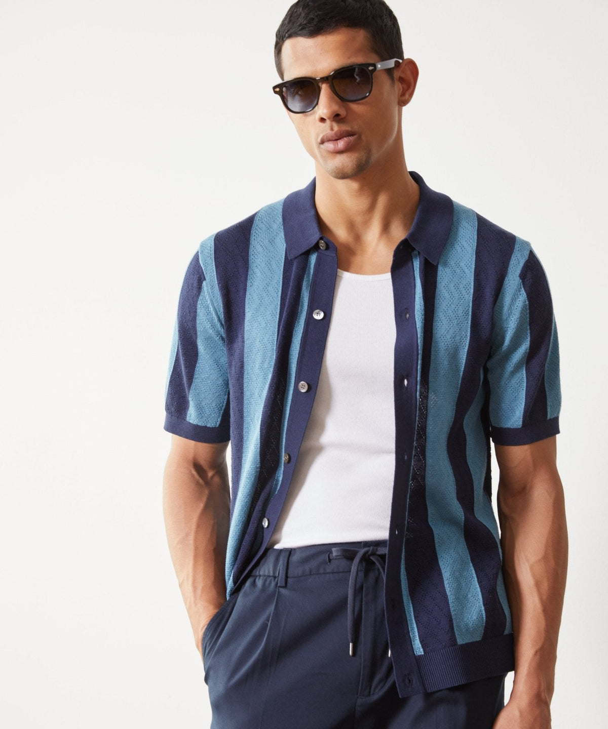 Todd Snyder Silk-Cotton Striped Full-Placket Sweater Polo - Sail Blue