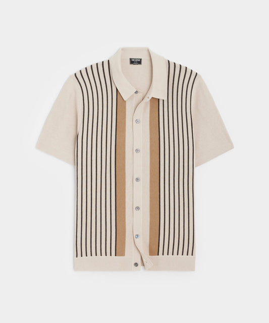 Todd Snyder Silk-Cotton Striped Full-Placket Sweater Polo - Bisque