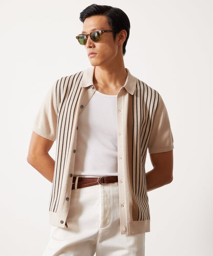 Todd Snyder Silk-Cotton Striped Full-Placket Sweater Polo - Bisque